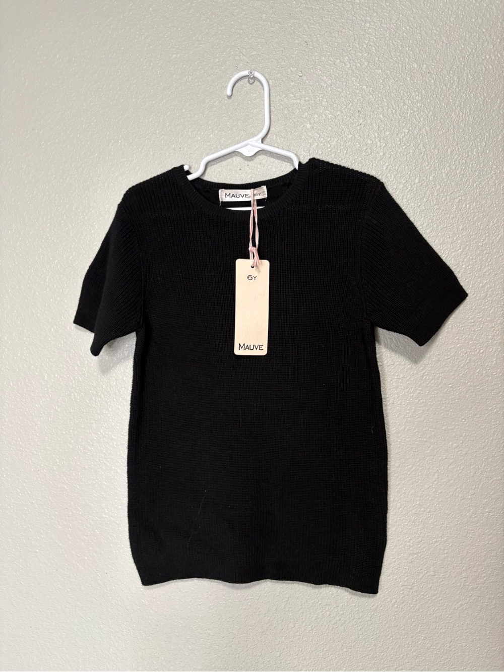 Mauve Black Ribbed Knit Sweater Top NWT 100% Cotton Short Sleeve Crew Neck Sz 6
